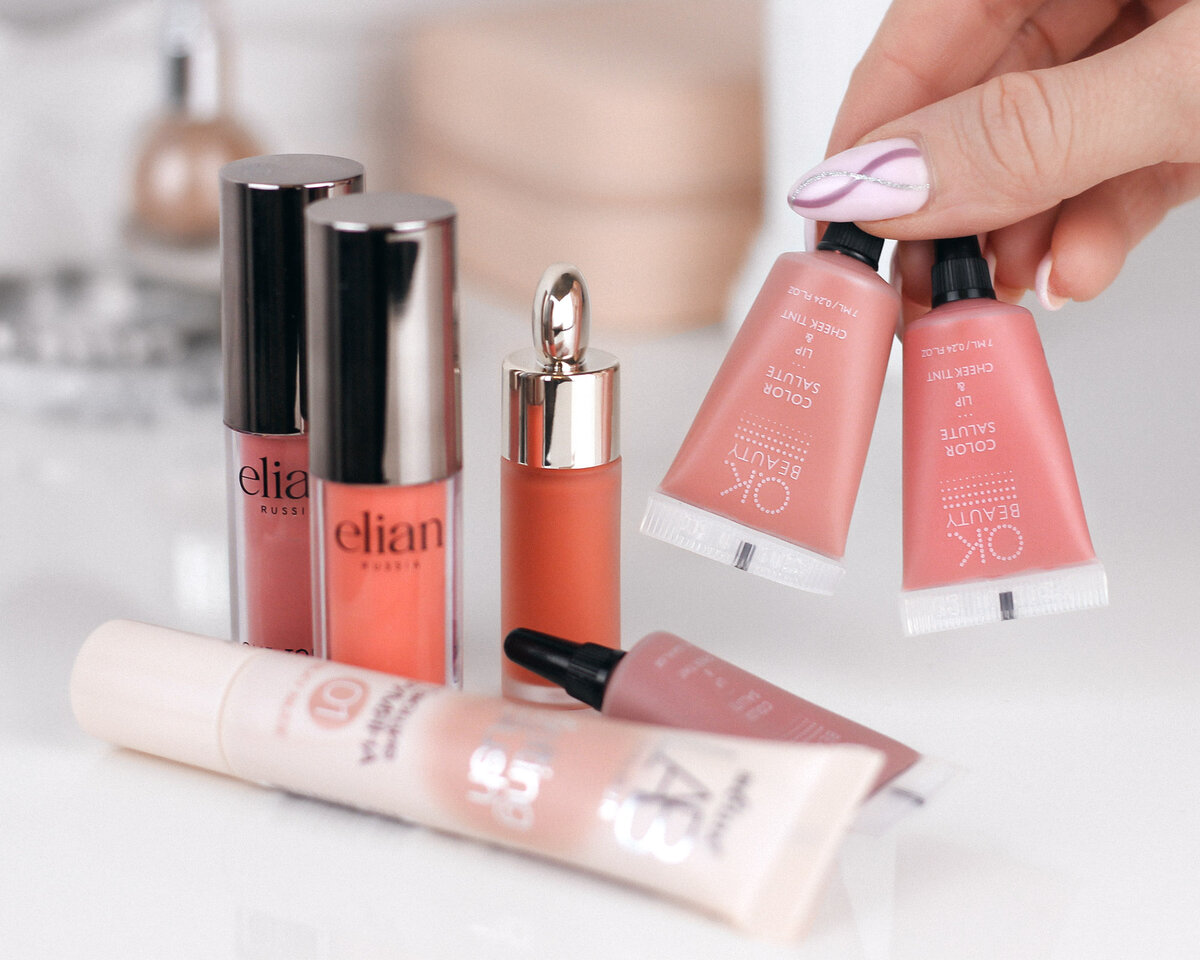 Часть моей коллекции румян: Bielita LAB Melting Blush (01), Elian Russia One Touch Liquid Blush (02 и 03), OK Beauty Color Salute (Cocoa, Marrakech, Safari), Rare Beauty Soft Pinch Liquid Blush (Joy).