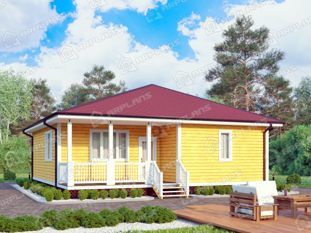 Фото 1 одноэтажного каркасного дома с 2 спальнями и террасой. Общая площадь 91 кв м. Источник arplans.ru Проект И-066