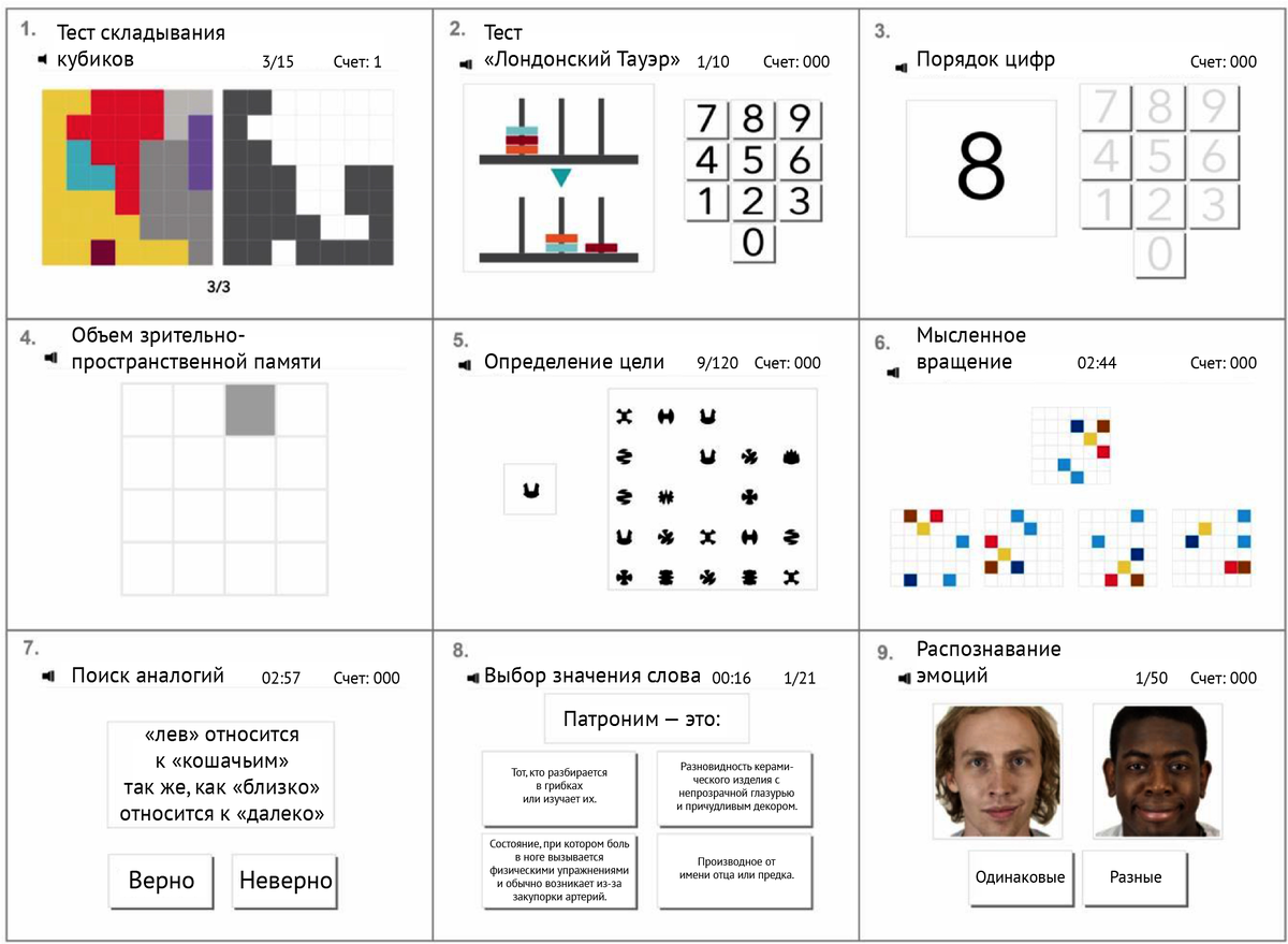 Рис.1. Когнитивные тесты, включенные в Большой британский тест интеллекта (ББТИ, англ. Great British Intelligence Test): 
1. Тест складывания кубиков оценивает способность к решению пространственных задач. 2. Тест «Лондонский Тауэр», предназначенный для проверки пространственного ориентирования.
3. Порядок цифр — тест для измерения рабочей памяти.
4. Оценка зрительно-пространственной памяти — тест, предназначенный для измерения объема кратковременной пространственной памяти.
5. Определение цели — исследование, предназначенное для измерения пространственного визуального внимания.
6. Тест на мысленное вращение — тест, предназначенный для измерения способности пространственно располагать объекты в уме. 
7. Поиск аналогий — оценка способности к семантическому рассуждению.
8. Выбор значения слова — оценка способности людей находить правильные определения малоупотребимых слов.
9. Распознавание эмоций — тест, направленный на измерение способности человека определять эмоции и различать их.