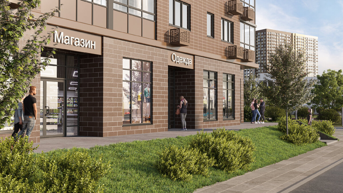 Внутри комплекса откроются кафе и магазины — за продуктами, мороженым, соком не придется идти далеко. Достаточно спуститься на первый этаж и выйти на улицу