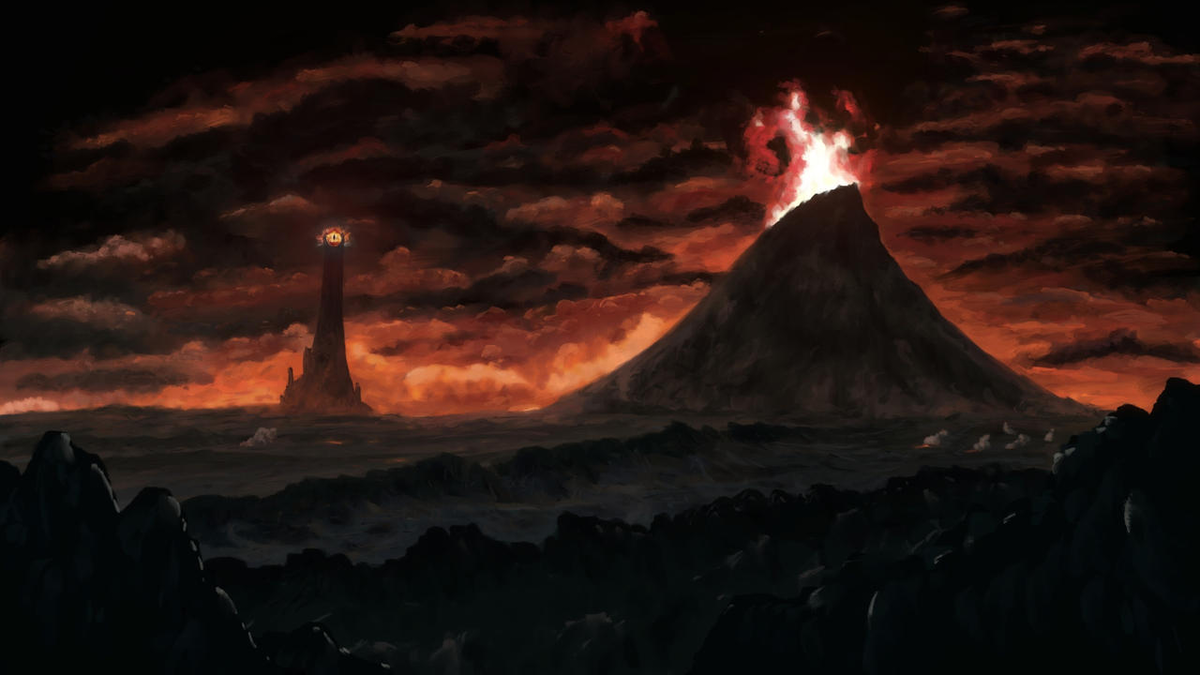 Барад-Дур и Ородруин, арт. (ист. www.deviantart.com, автор изображения и опубликовал Martulen, ссылка на публикацию https://clck.ru/bmUjV, взято с https://clck.ru/bmUjr)