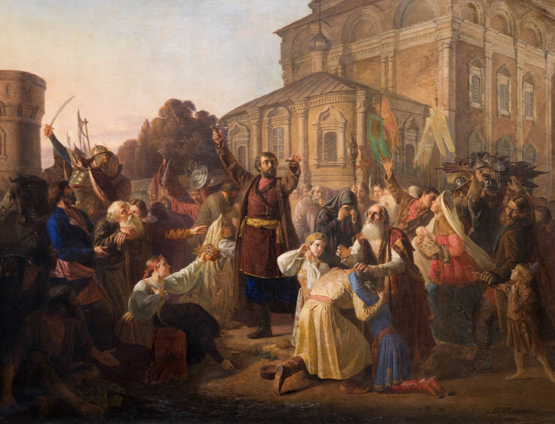 "Воззвание к нижегородцам", М.И. Песков, 1861. Будучи учеником Академии художеств художник получил за эту картину малую золотую медаль. В дальнейшем Песков участвует в бунте четырнадцати и будет одним из основателей Петербургской Артели художников. Ранняя смерть в 30 лет от чахотки прервет карьеру живописца.