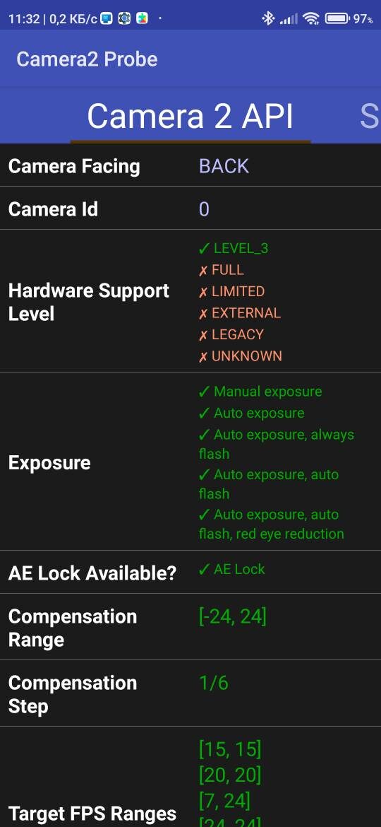 Также в Camera2 API Probe можно узнать все характеристики камеры вашего устройства