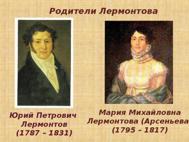 Родители м ю лермонтова. Михаил Юрьевич Лермонтов родители. Отец Михаила Юрьевича Лермонтова. Отец и мать Лермонтова.