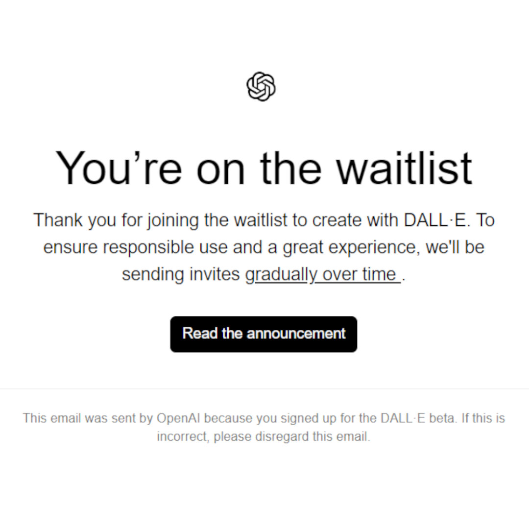 Сообщение о том , что нас поставили в очередь на тестирование DALL-E 2