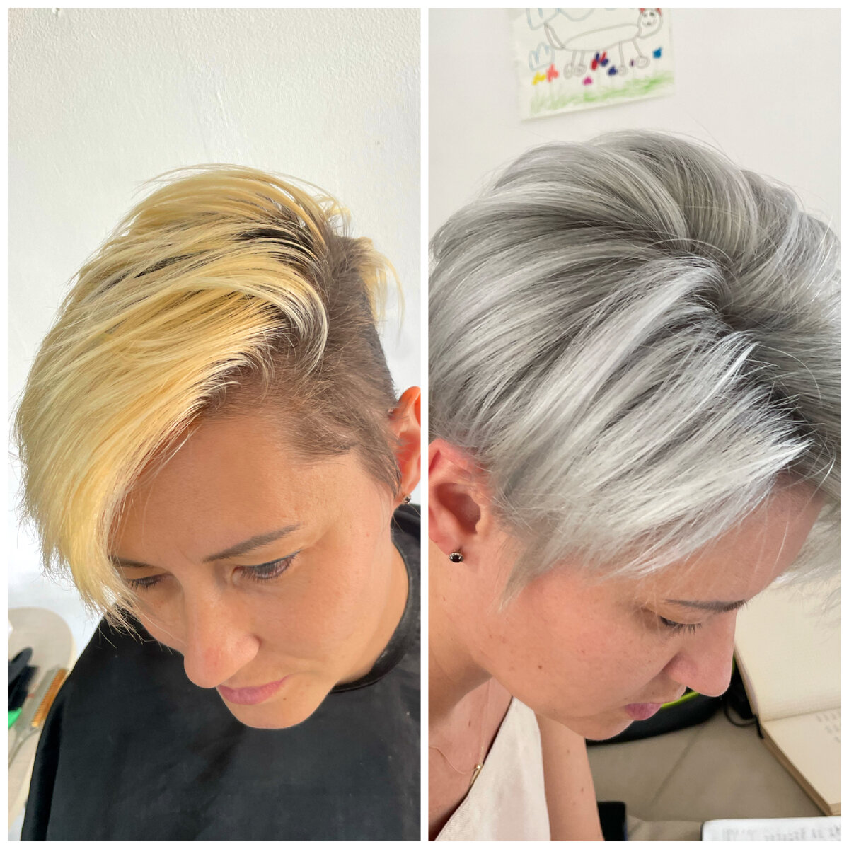 До и после. На мой взгляд максимально эффектно стальной оттенок смотреться именно в коротких стрижках