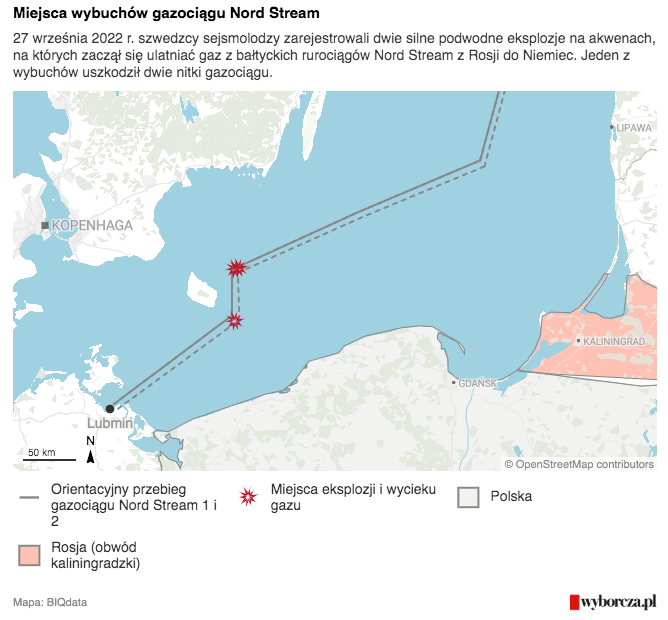 Места взрыва газопровода "Северный поток". 27 сентября 2022 года шведские сейсмологи зафиксировали два сильных подводных взрыва в районах, где начал выходить газ из балтийских трубопроводов Nord Stream, идущих из России в Германию. В результате одного из взрывов были повреждены две линии трубопровода.