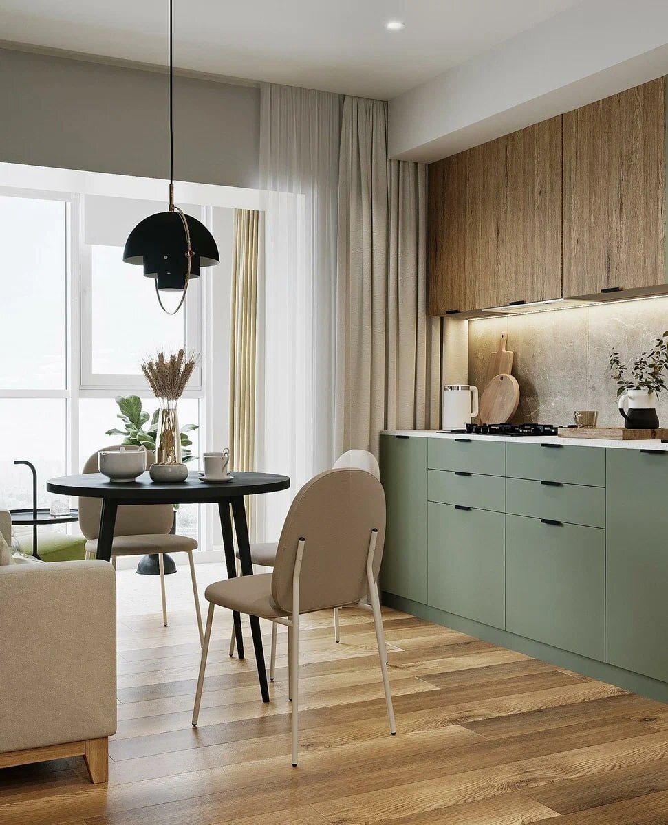 Зеленый, графитовый и светлое дерево. Элегантная однушка 48 кв.м., где уместилось всё необходимое