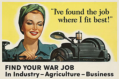  Надпись на плакате: "Я нашла работу там, где подхожу больше всего! Найди  свою работу на оборону страны в промышленности, сельском хозяйстве или  бизнесе".