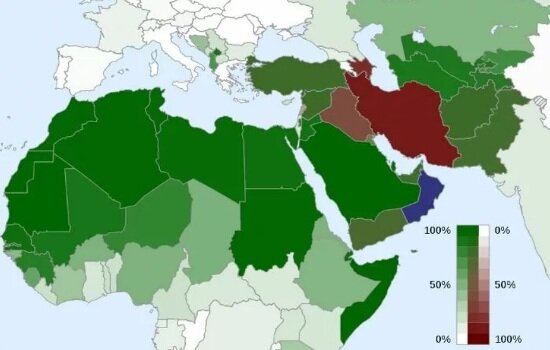Распространение ислама на севере Африки и Ближнем Востоке. Зеленый цвет - сунниты