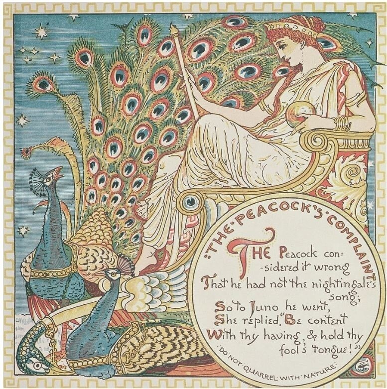 Богиня Гера в повозке, запряженной павлинами. Иллюстрация Уолтера Крейна. Illustration from 'Baby's Own Aesop', engraved and printed by Edmund Evans, London, published c.1920⁣