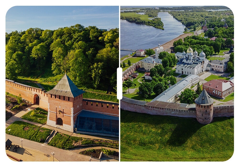 Слева на фото — Нижегородский кремль, справа — Новгородский кремль.