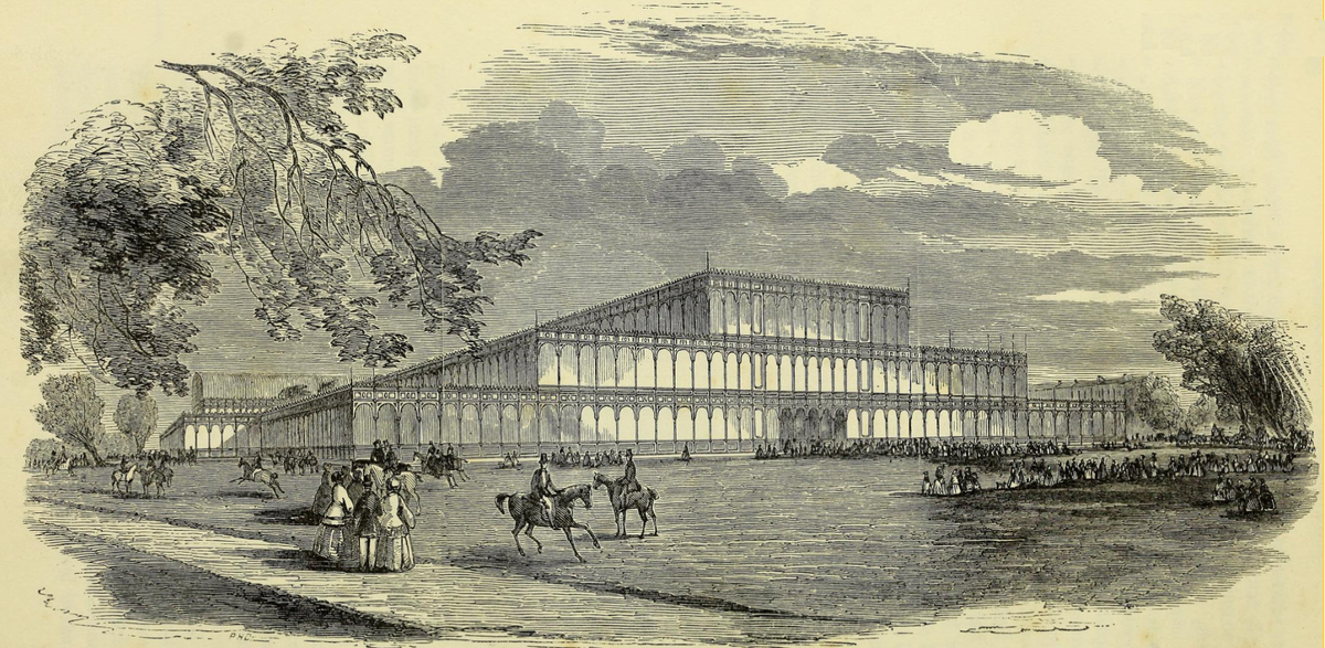 Вид "Хрустального дворца" с северо-западного фасада на гравюре из «Официального описательного и иллюстрированного каталога большой выставки промышленности всех народов». Лондон 1851 год.