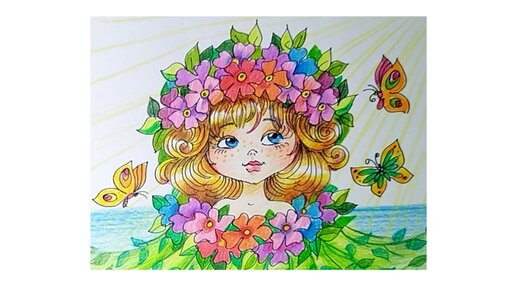 🌈☀️Девочка - лето😊🎨 Рисунок линером и цветными карандашами 🎨😊🍀