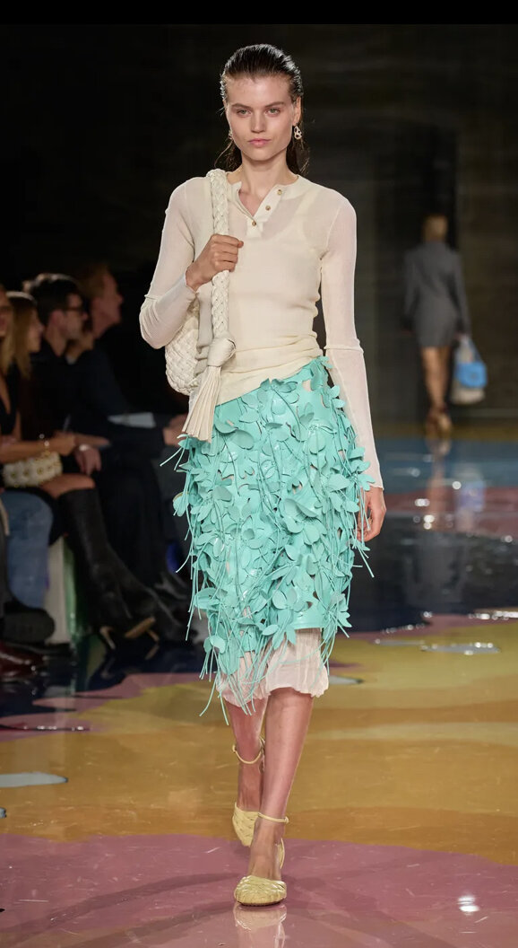 Юбка с романтическим мотивом + трендовый прием, о котором я рассказывала в предыдущих статьях. Длинное платье виднеется из-под юбки