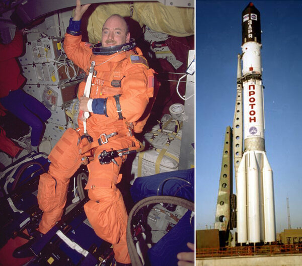 Скотт Келли, 1999 г. Фото © Wikipedia / NASA. Первый российский модуль Международной космической станции — "Заря". Фото © nkj.ru