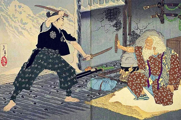 Гравюра. Дуэль Мусаси (один из самых известных ронинов Японии) и Бокудэна