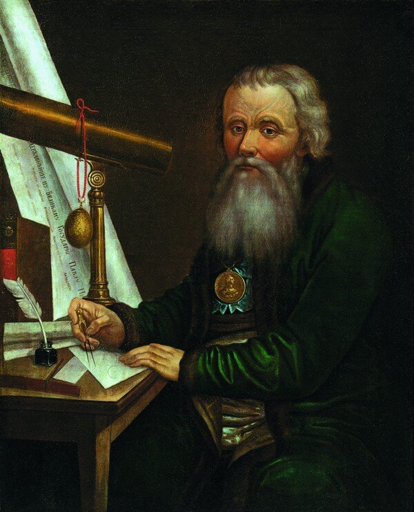 Портрет Ивана Кулибина, написанный за год до его смерти учителем из нижегородской гимназии Веденецким. На телескопе висят знаменитые часы.