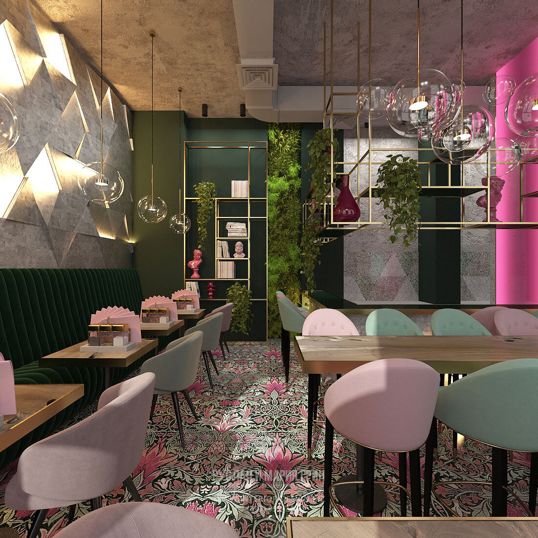 Стиль мемфис в интерьере модного кафе