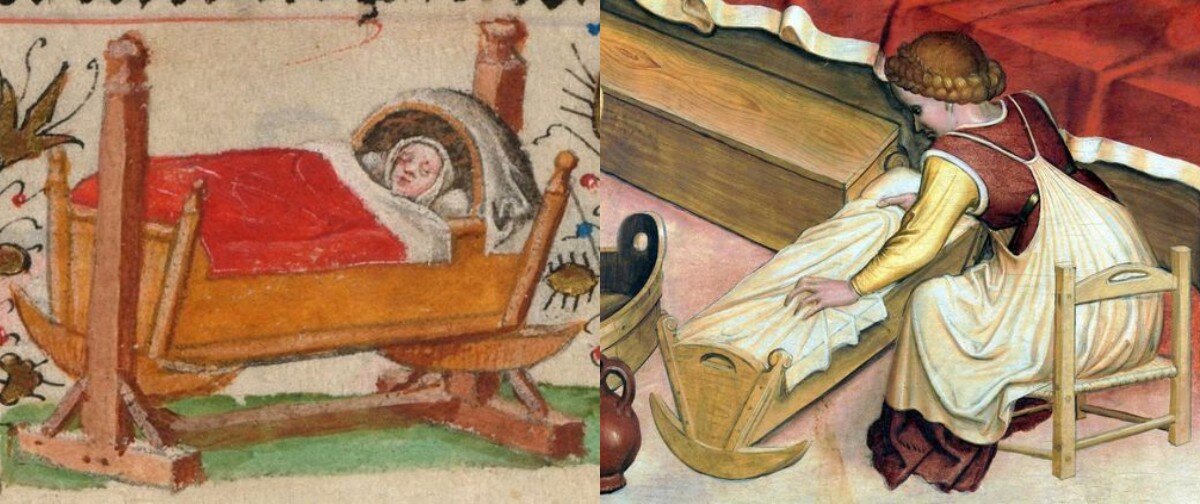 средневековые миниатюры с изображением детских люлек (первая из Catherine of Cleves' Book of Hours, 1440)