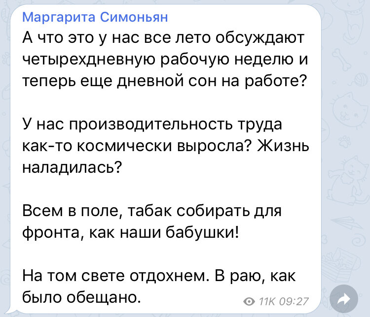 Скриншот из телеграм-канала Маргариты Симоньян