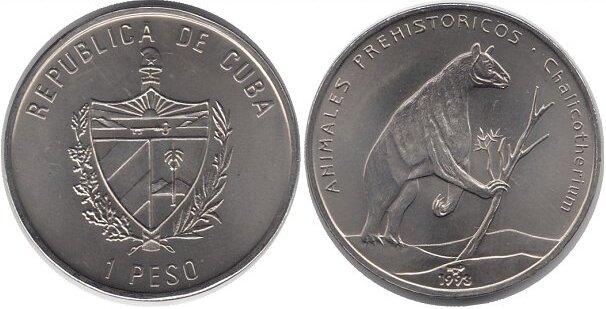 Куба, 1 песо 1993 года (медно-никелевая монета из серии "Доисторические животные" с изображением халикотерия). Из личной коллекции