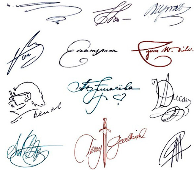 Разного вида образцы подписей: тут тебе и профессор и меч и каллиграфия.