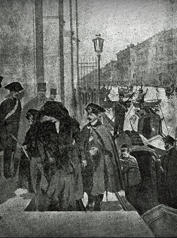 Марию Тарновскую доставляют на гондоле в венецианский суд.  Старинное фото.