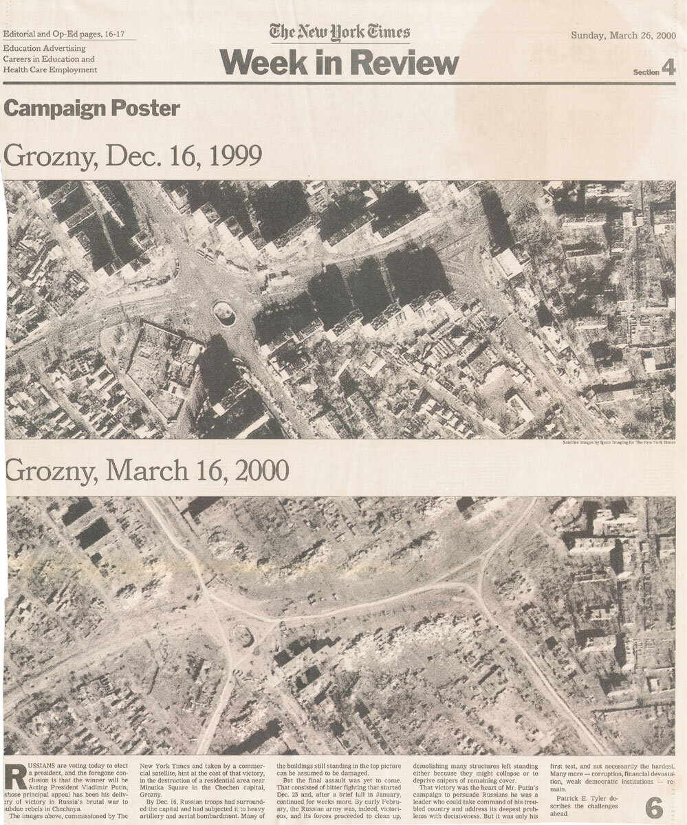 «Нью-Йорк Таймс» впервые использовала изображения «до и после», полученные непосредственно от коммерческого спутника в анализе роли чеченской войны в российской президентской кампании марта 2000 года.