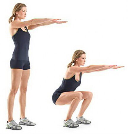 Упражнение 1:
Ноги на ширине плеч. Спину держим ровно, руки вытянули перед собой. Очень слабым людям можно использовать любую опору в виде палки (швабру, черенок от лопаты). Приседаем до уровня бедра, затем выпрямляем ноги, при этом делая сильный громкий выдох "Х-ХА!". Упражнение повторить 10 раз.
