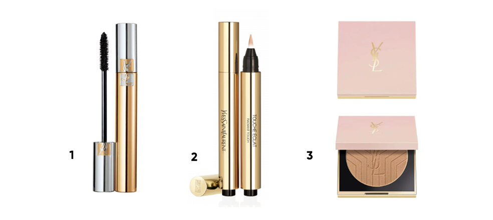 1. Тушь с эффектом накладных ресниц Mascara Volume Effet Faux Cils, YSL Beauty. 2. Хайлайтер для естественного сияния Touche Éclat, YSL Beauty.
3. Компактная пудра с эффектом сияния 3D All Over Glow, YSL Beauty.
