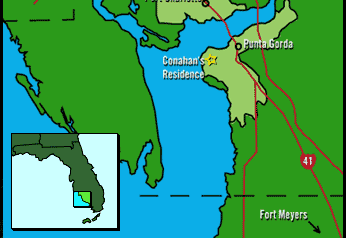 Карта. Резиденция Конахана и место где нашли останки. Источник: murderpedia.org 