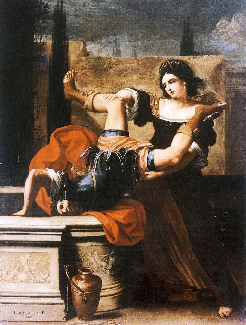 Элизабетта Сирани "Тимоклея, сталкивающая в колодец своего насильника", 1659 г.