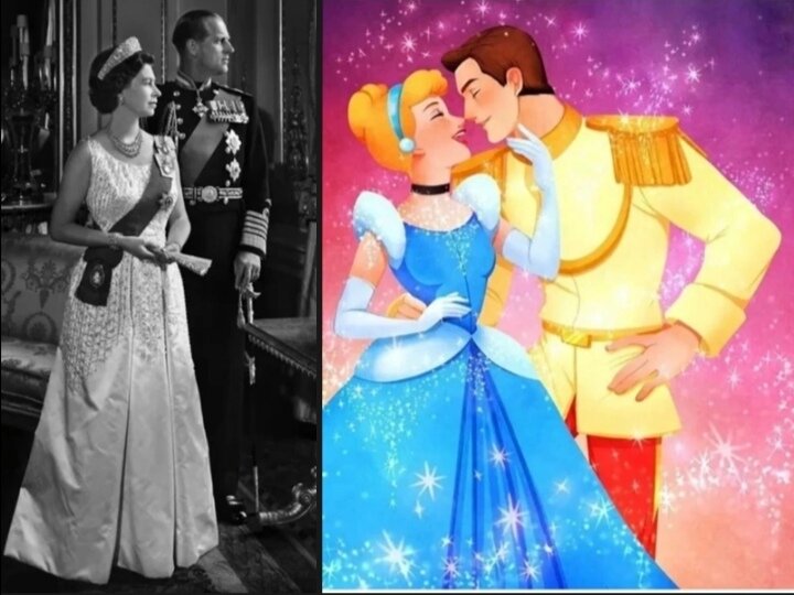 Королева Великобритании Елизавета ll и принц Маунтбаттен, и кадры с мультфильма "Золушка" студии Дисней, коллаж автора. 