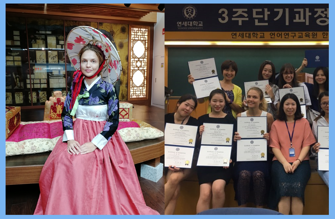 В традиционном костюме кисэн и с дипломом об окончании курсов корейского языка.