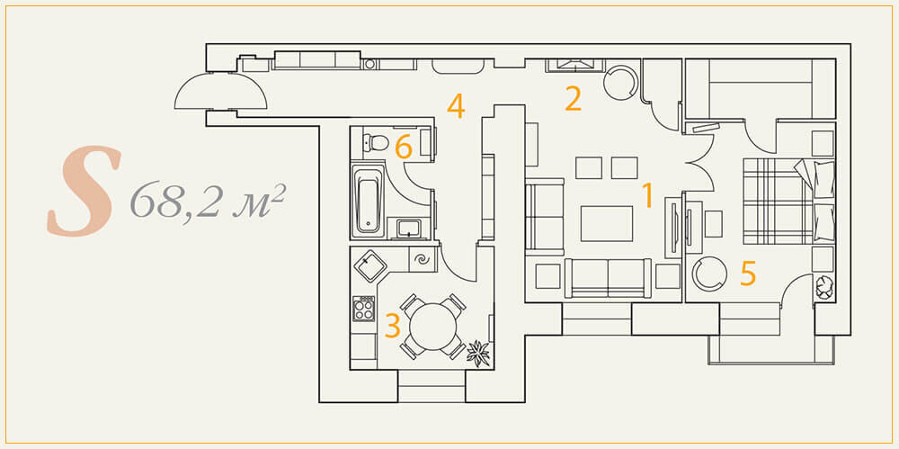 Общая площадь — 68,2 м². 1, 2 — гостиная; 3 — кухня-столовая; 4 — холл; 5 — спальня; 6 — санузел