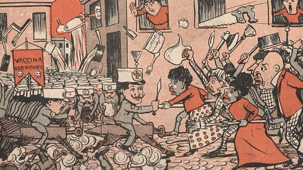 Восстание вакцин в карикатуре на Леонидаса, опубликованной в журнале О Малхо в 1904 г.
