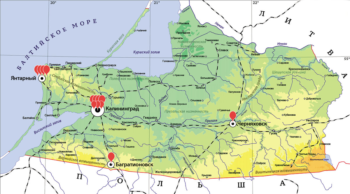 Карта калининградской области с городами и поселками расстояние от калининграда