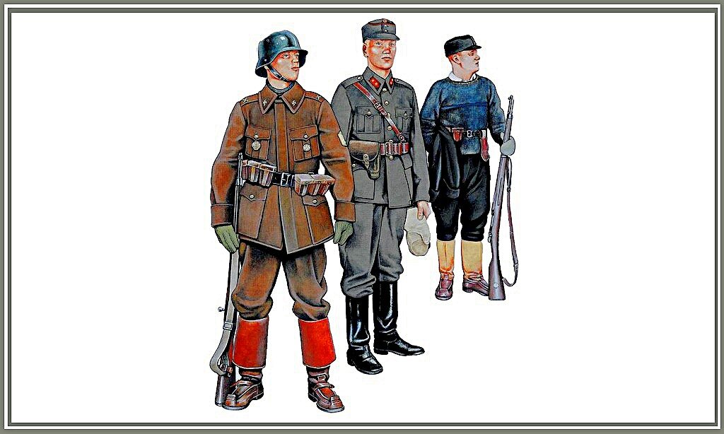 Финские солдаты 1939 года. Слева направо: сержант, старший лейтенант, резервист. Обратите внимание на внешнее сходство финской формы с немецкой (и это - ДО начала Второй мировой войны!). Такое сходство наводит на мысль об успешных контактах Финляндии и Германии уже ДО советско-финской войны. (Германия, кстати, была бы весьма заинтересована в провокации с обстрелом).                                                        Ещё посмотрите на сапоги сержанта с характерными финскими носками.                       Что касается свастики вместо петлиц на его воротнике, то свастика - не немецкая.             У финнов была своя свастика голубого цвета. 