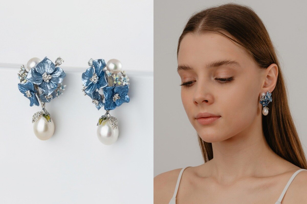 Серебряные серьги подвесные с жемчугом, эмалью и топазами 000-370705 