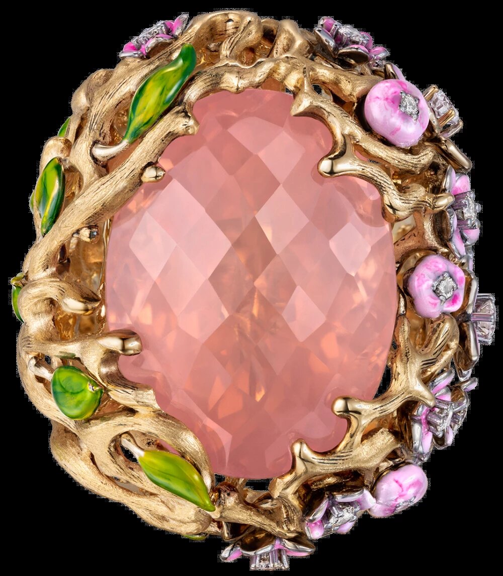 Кольцо "Инь Ян", ювелирный дом RODIS, желтое золото 585 пробы, розовый кварц, прозрачные бриллианты высшей категории, горячая эмаль, ручная работа. Цена по запросу