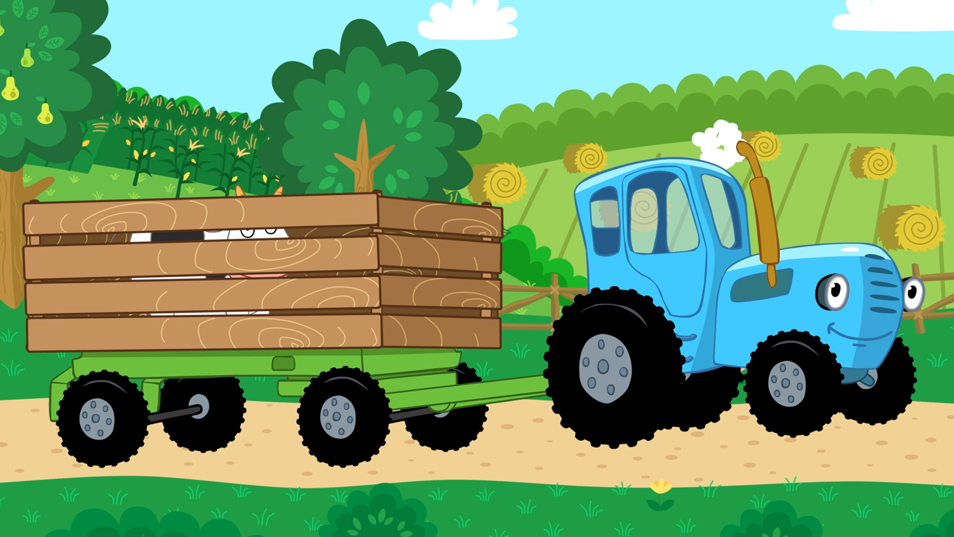 Включи синий трактор еда. Синий трактор герои. Байки синего трактора. Разноцветные тракторы. Синий трактор едет трактор по полям.