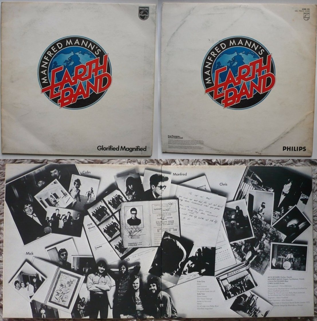 Британский выпуск альбома Manfred Mann’s Earth Band "Glorified Magnified", 1972 г., Передняя и задняя стороны обложки, и внутренний разворот конверта 