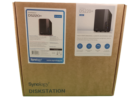 Synology DS 220+ поставляется в экологичной картонной упаковке