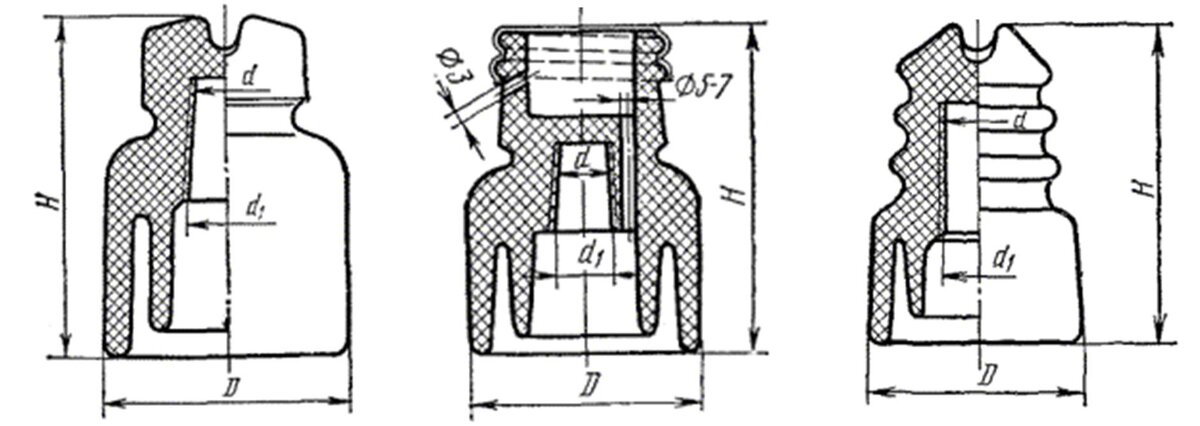 Слева направо: изолятор типа ТФ, изолятор вводный, изолятор трехшейковый типа РФО (для устройства ответвлений на линиях радиофикации). 