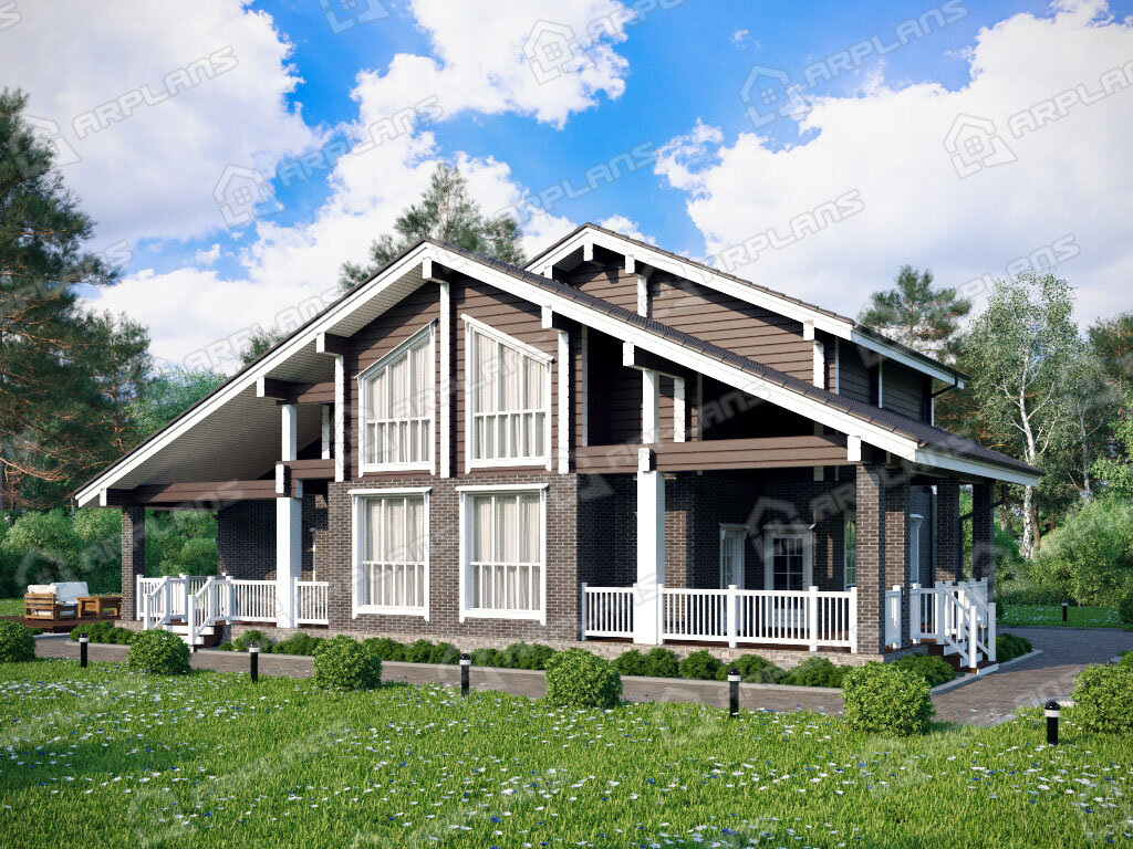 Фото 1 комбинированного дома из газобетона и бруса с мансардой, 4 спальнями, кабинетом, террасой, вторым светом, сауной и газовая котельная. Общая площадь 277 кв м. Источник arplans.ru Проект А-026