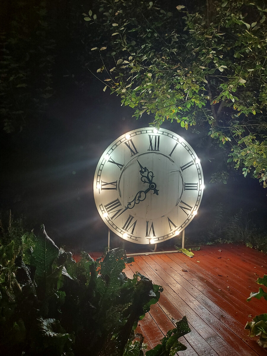 На входе на территорию парка вот такие часы) фото сделано поздним вечером, погода влажная, поэтому очень красиво рассеивается подсветка))