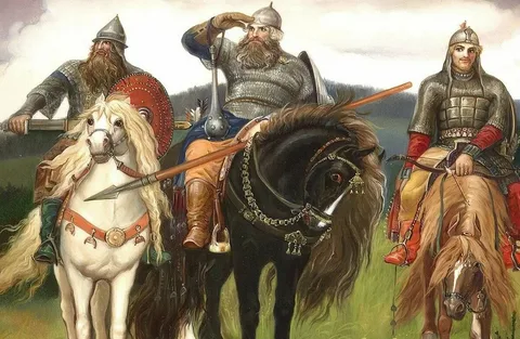 Русские богатыри, вооружение кольчуга, копье, лук и стрелы, мечи щиты, булавы.