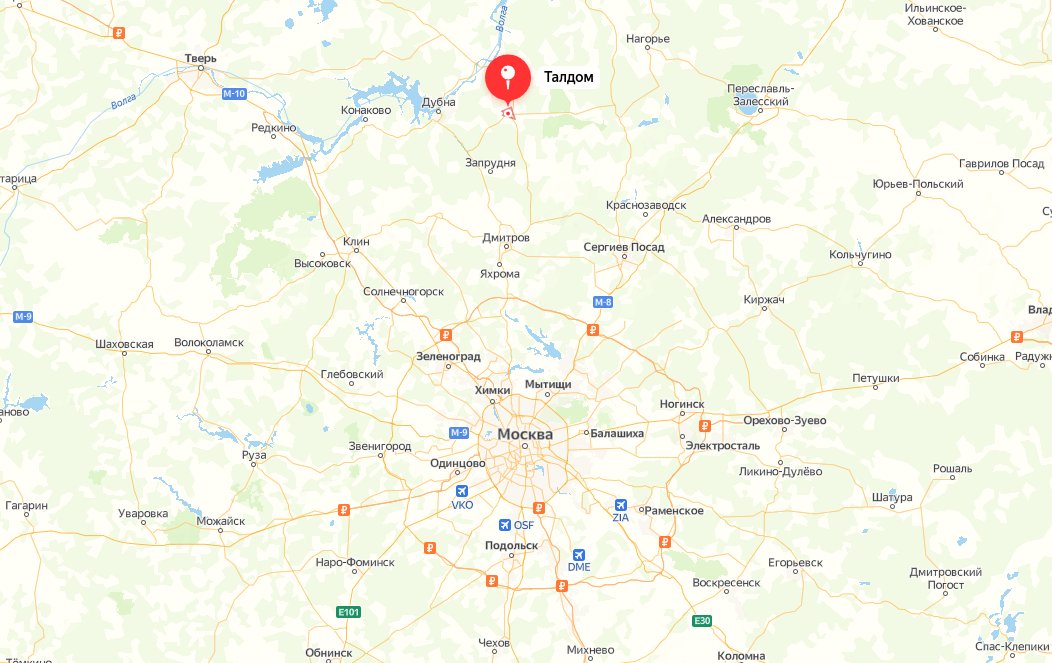 Расположение Талдома относительно Москвы