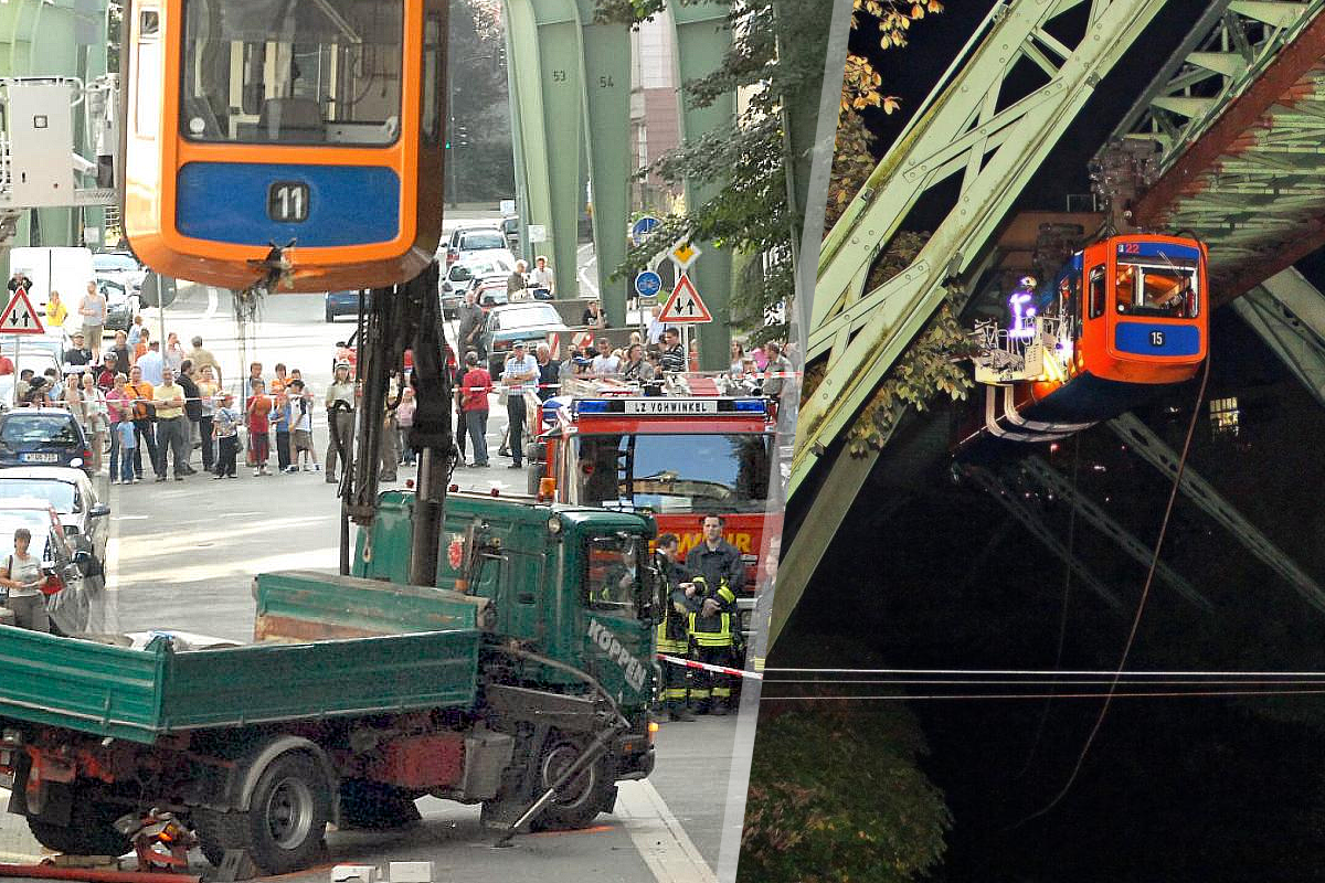 Schwebebahn Wuppertal - случаи с автокраном и спасением пассажиров с помощью пожарных